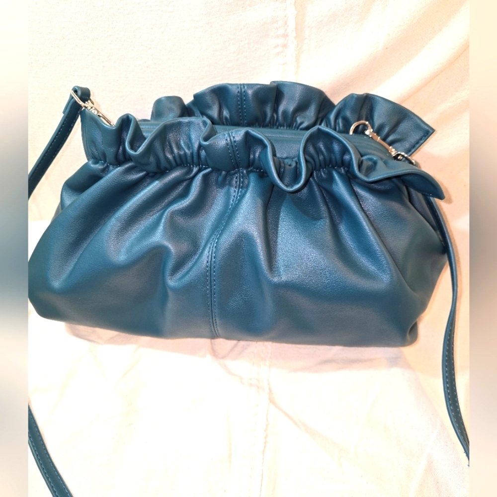 Faux Leather Pouch Bag with Ruffle, Ladies Clutch, Green Purse, handbag